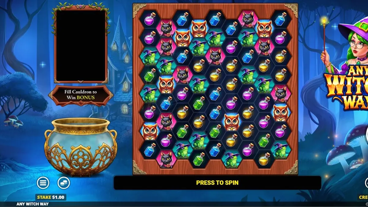 Interface mágica do slot Any Witch Way com caldeirão e símbolos de floresta