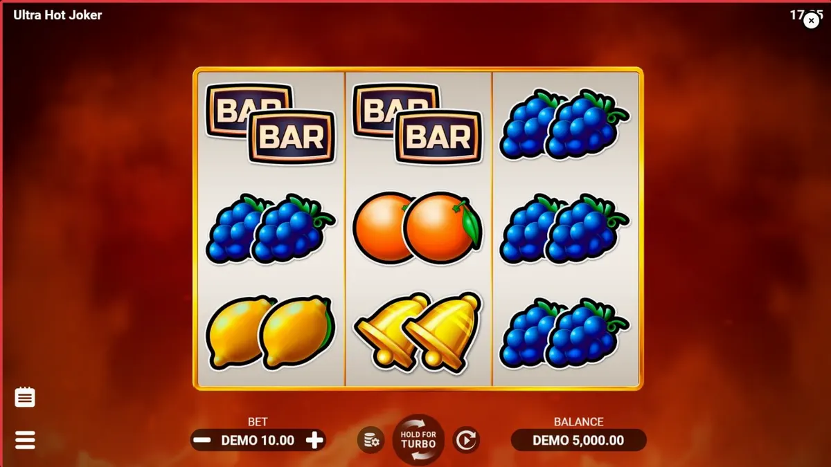 Interface vibrante do slot Ultra Hot Joker com símbolos de frutas e fogo