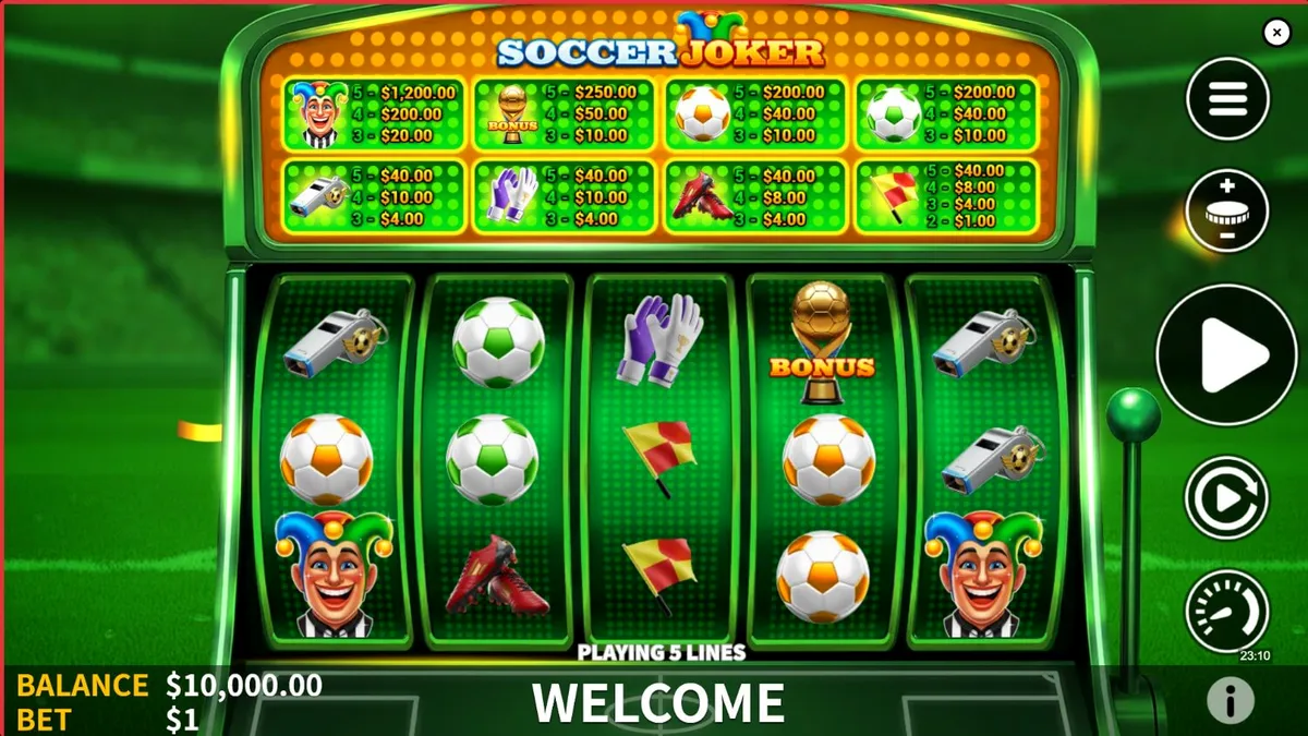 Interface do jogo de caça-níqueis Soccer Joker com elementos de futebol e neon